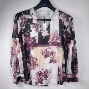 Calvin Klein Large Floral Sheer Lined Long Sleeve‎ Career Profesional V-Neck Top